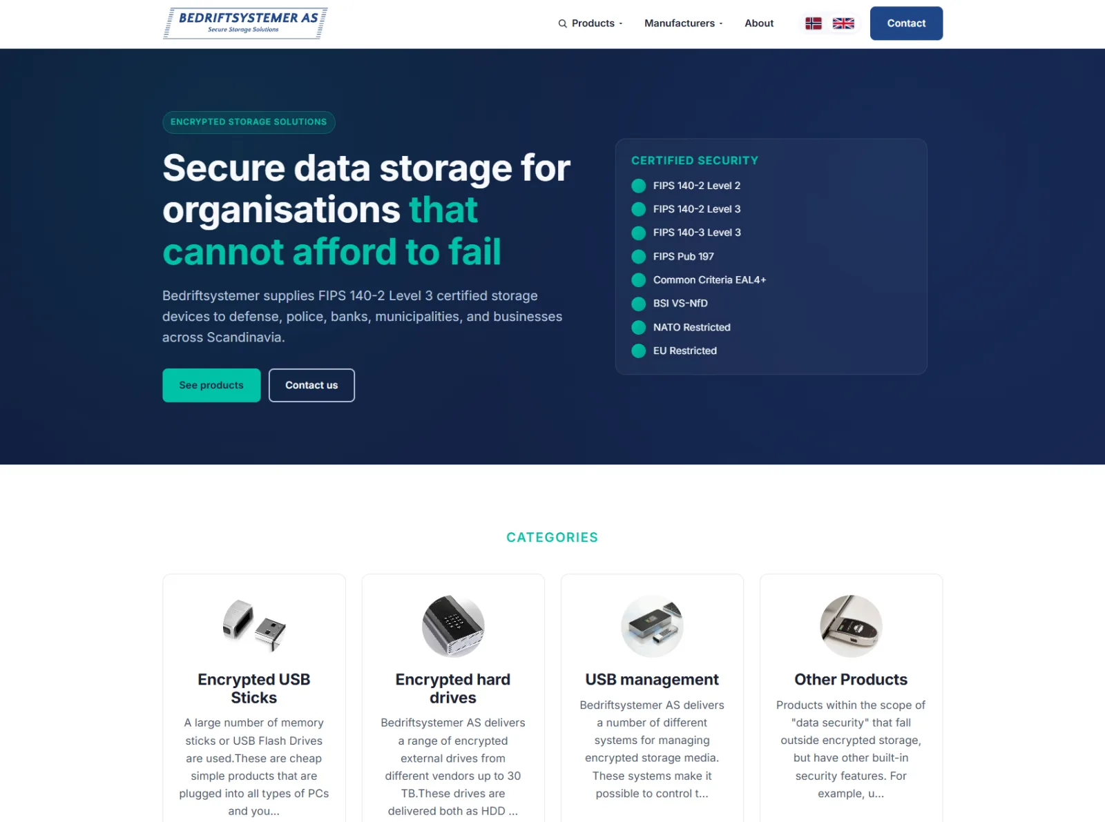 Forsiden til nettsiden for Bedriftsystemer AS